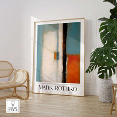 Rothko Inspired Abstract Teal and Orange Art Print | Minimalist Canvas Poster in modern interior