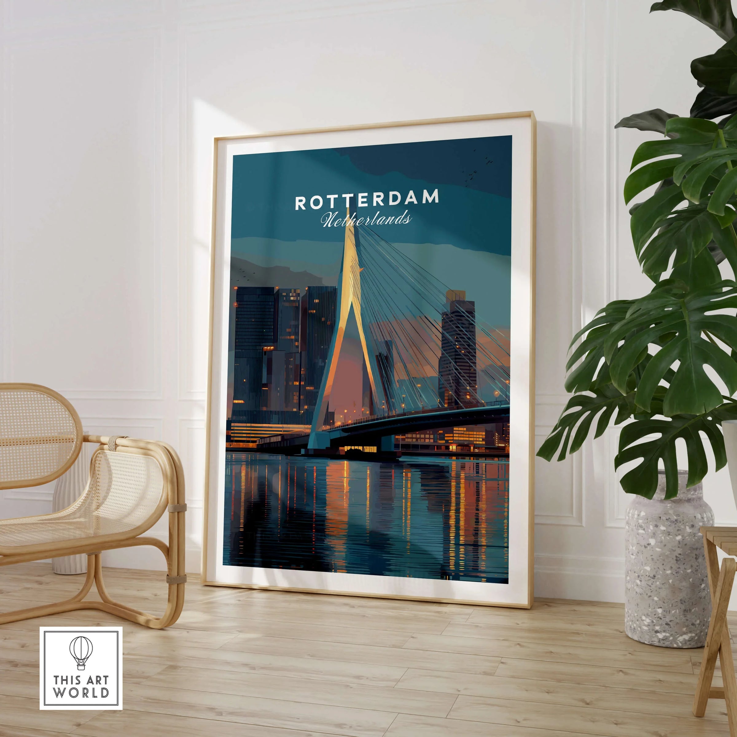 Rotterdam city skyline wall art print in modern room with chair and green plant