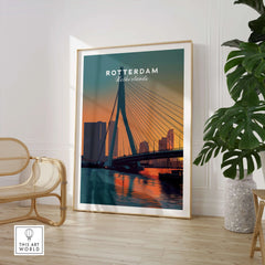 Rotterdam skyline travel poster print in modern room with chair and plant