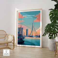 Rotterdam skyline travel poster framed, displayed in modern room with chair and plant