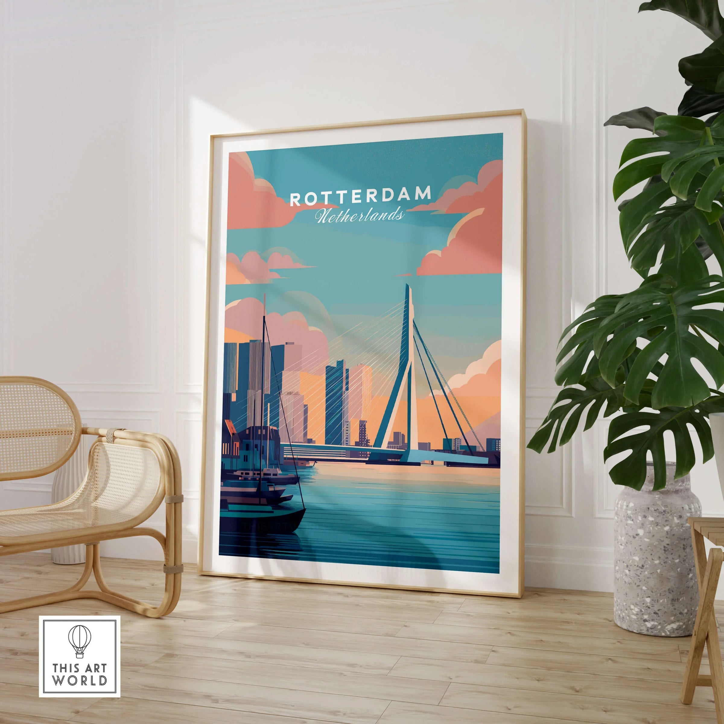 Rotterdam skyline travel poster framed, displayed in modern room with chair and plant