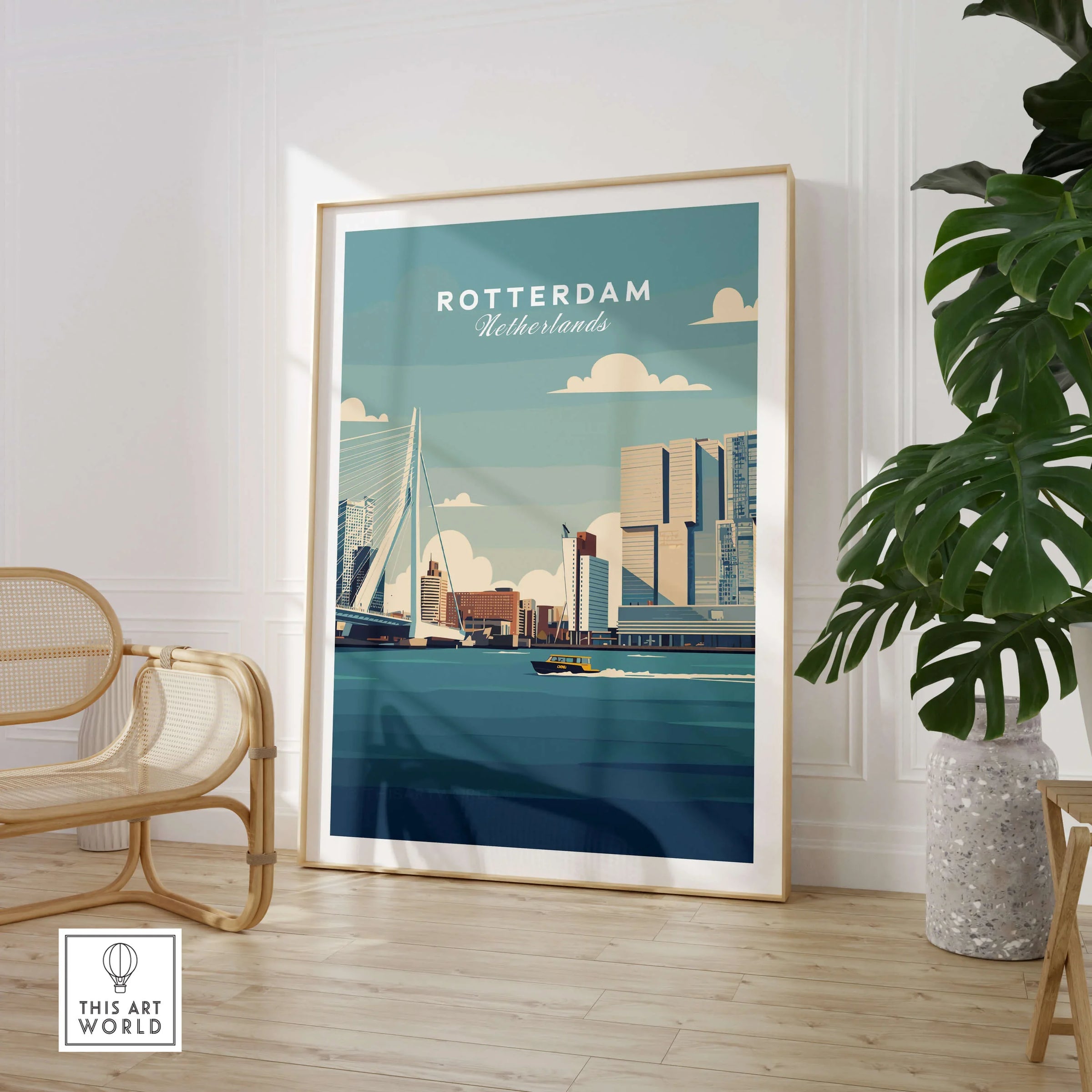 Framed Rotterdam cityscape travel poster in modern living room with chair and plant