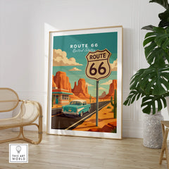 Framed Route 66 travel poster art with retro car, desert landscape, and modern home decor
