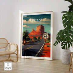 Route 66 travel poster framed print with desert landscape in modern home decor setting