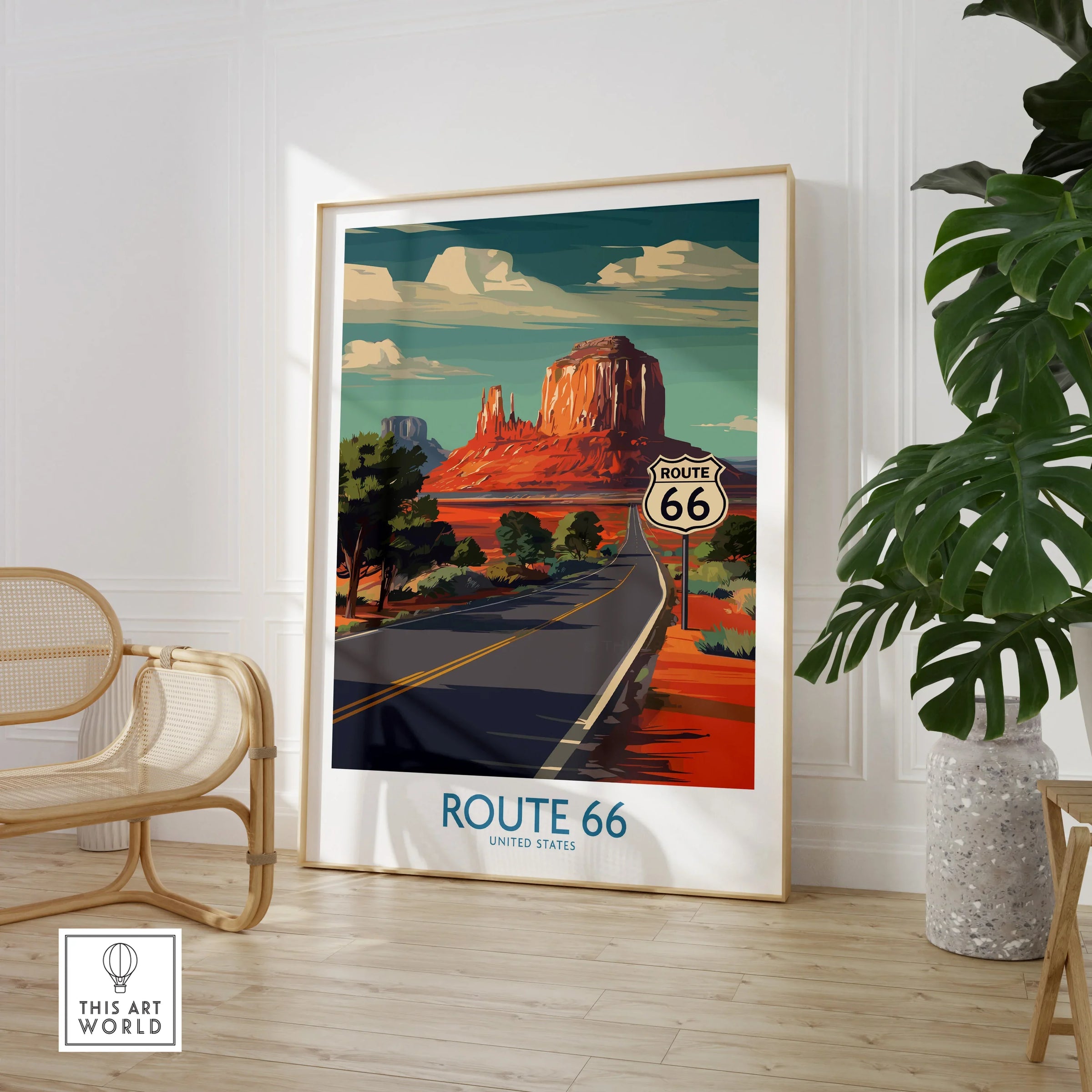 Route 66 travel poster framed print in modern room with chair and green plant
