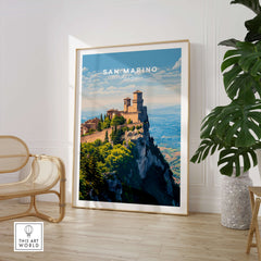 San Marino Wall Art Print | Mount Titano Citadel Travel Poster displayed in a modern interior setting.