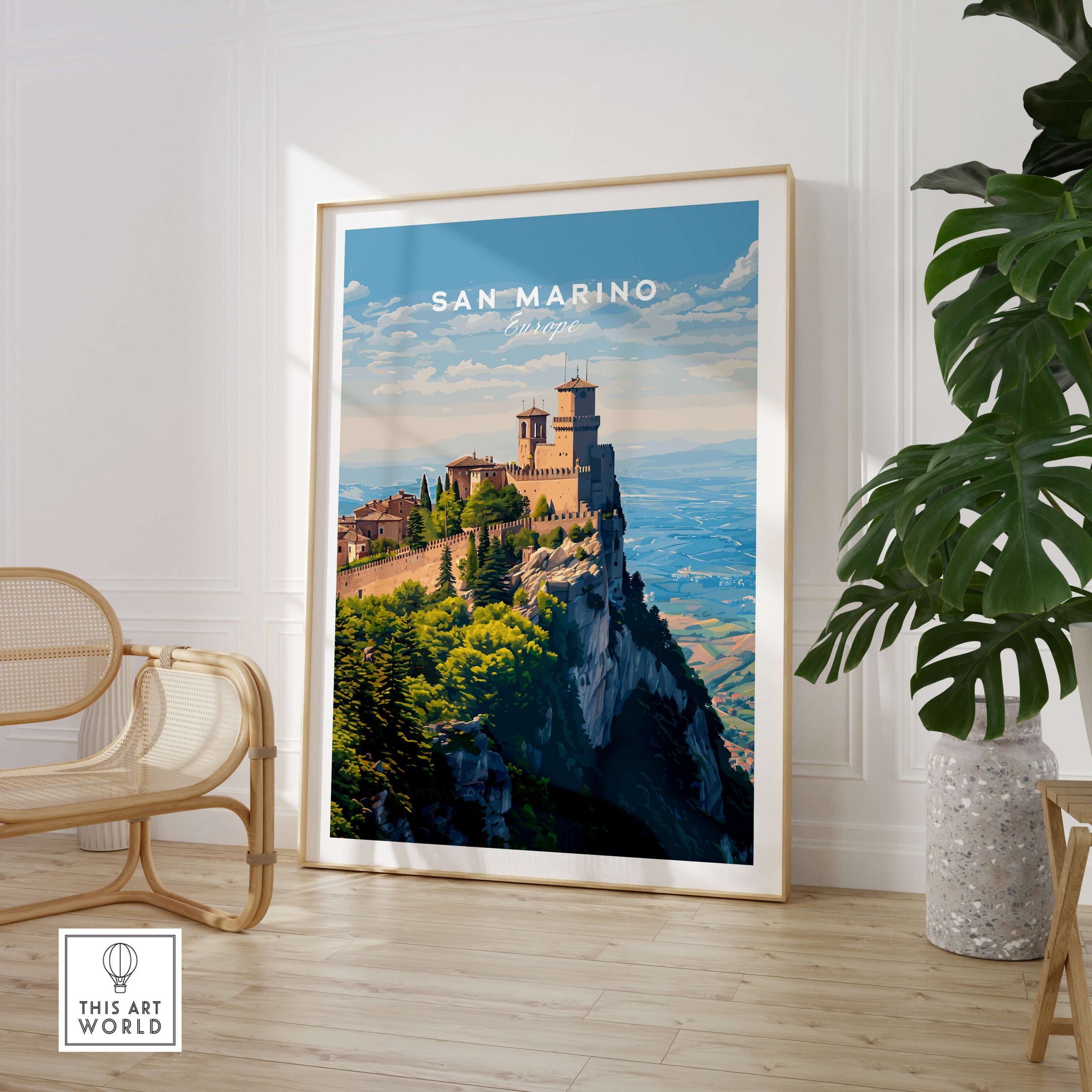 San Marino Wall Art Print | Mount Titano Citadel Travel Poster displayed in a modern interior setting.