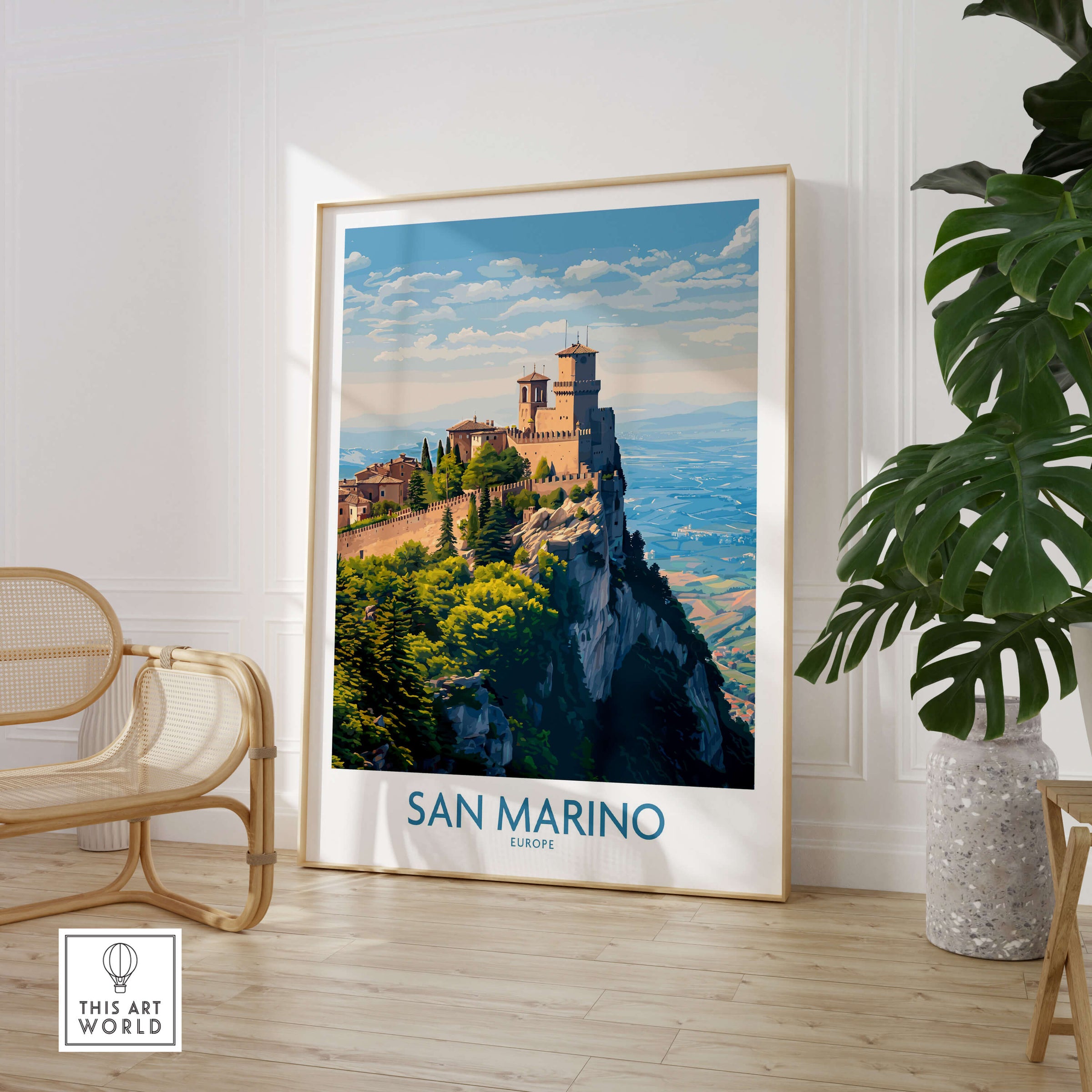 San Marino Poster | Canvas Print showcasing a stunning view of San Marino's historic fortress on a cliff.