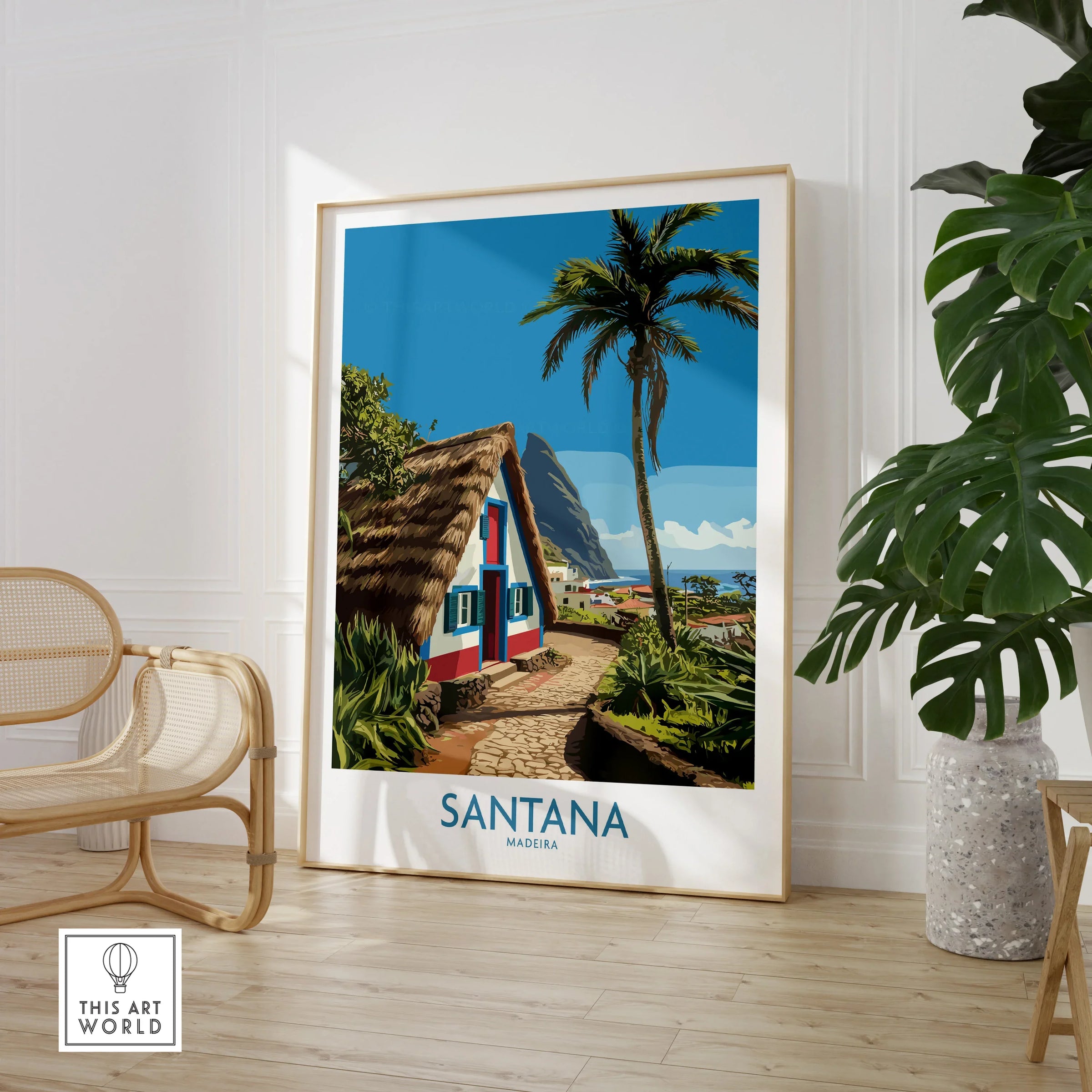 Santana Madeira travel poster print with thatched house, palm tree, and mountains in modern decor room
