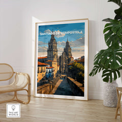 Santiago de Compostela Obradoiro Square View Print | Spanish Religious Art displayed in a modern interior setting.