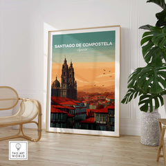 Santiago de Compostela Skyline Print | Spanish Travel Wall Decor showcased in an elegant interior setting.