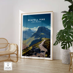 Scafell Pike Lake District Wall Art Print | English Mountain Peak Travel Poster in modern decor setting.