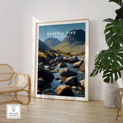 Scafell Pike Poster Lake District Wall Art Print displayed in a modern space, showcasing stunning mountain scenery.