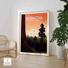 Sequoia National Park travel poster art in a modern room with chair and potted plant