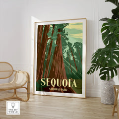 Sequoia National Park art print in modern room with chair and potted plant