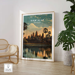 Siem Reap Poster Cambodia | Angkor Wat Temple Wall Art Print displayed in a stylish interior with plants and furniture.