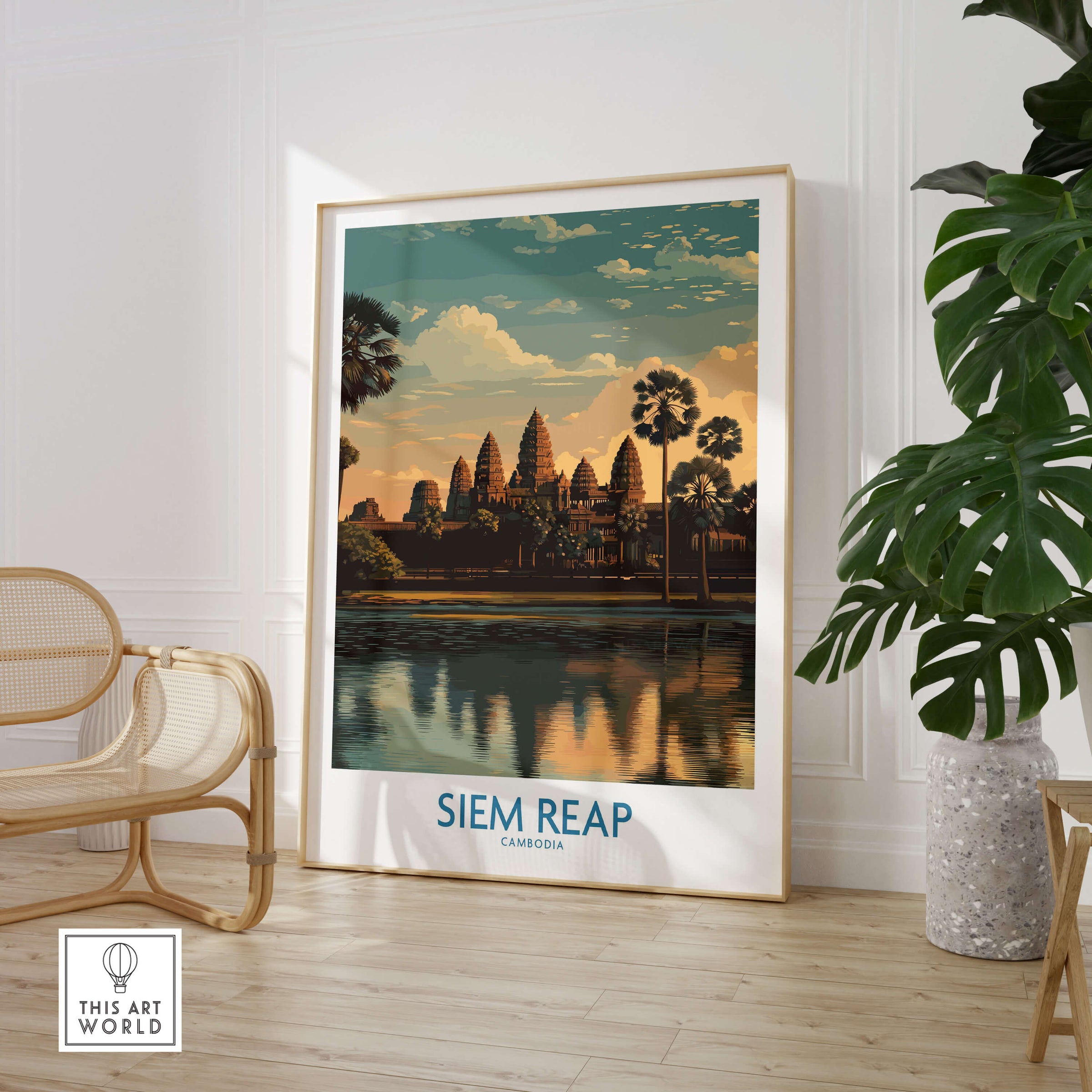 Siem Reap Canvas Print | Cambodia Khmer Poster displayed in a stylish interior with plants and cozy furniture.