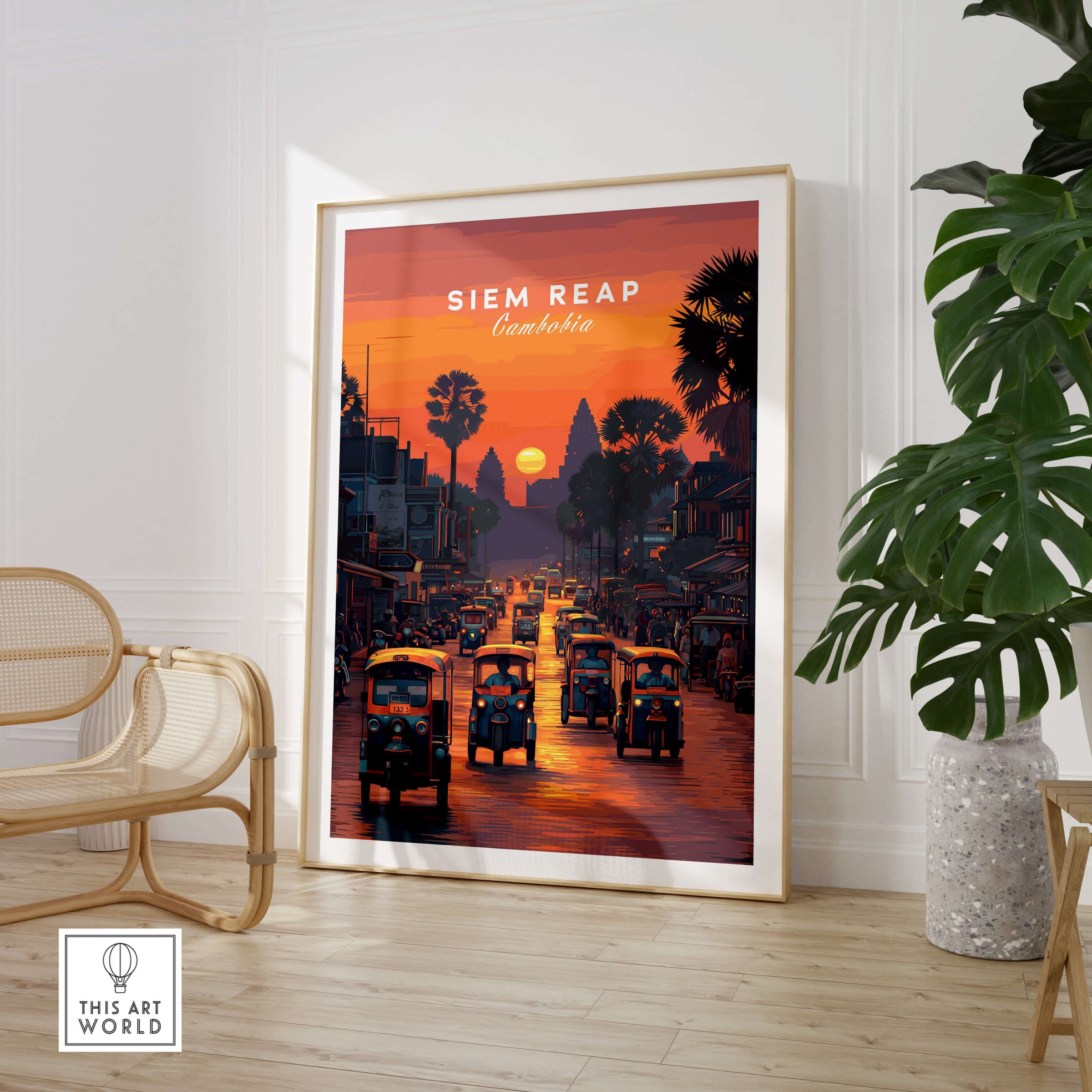Siem Reap Wall Art Print | Cambodia Sunset Street Scene Travel Poster featuring a vibrant sunset over a bustling street.