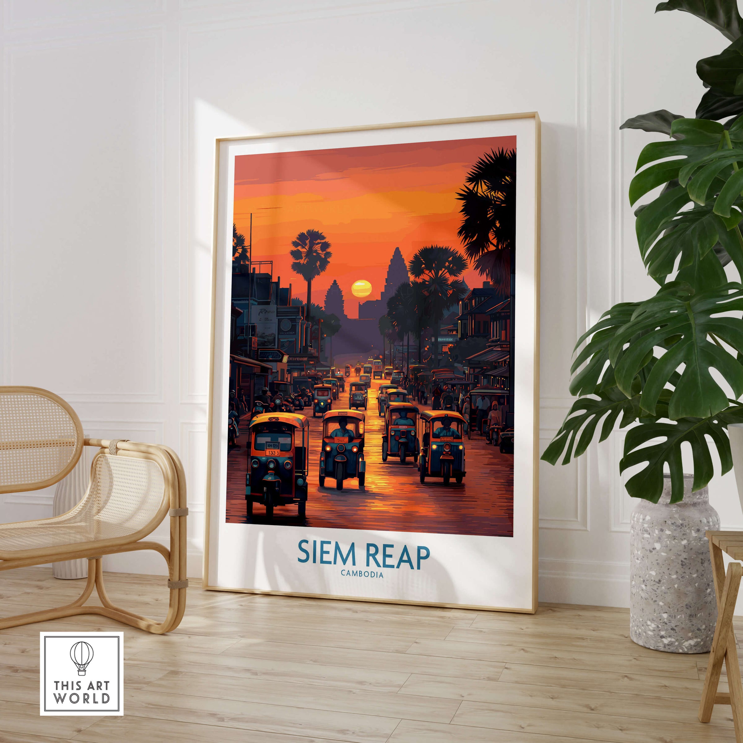 Siem Reap Poster | Bustling Tuk Tuk Cambodia Cityscape Canvas Print showcasing vibrant tuk tuks at sunset.