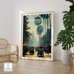 Siem Reap Cambodia Travel Poster | Tropical Town Street Wall Art Print featuring tuk-tuks and palm trees in a tropical street setting.