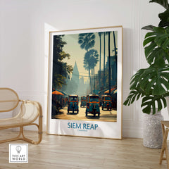 Siem Reap Cambodia Print | Canvas Poster featuring vibrant street scene with tuk tuks and palm trees.