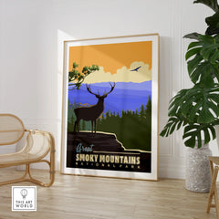 Framed Great Smoky Mountains National Park poster with elk, in modern living room decor.