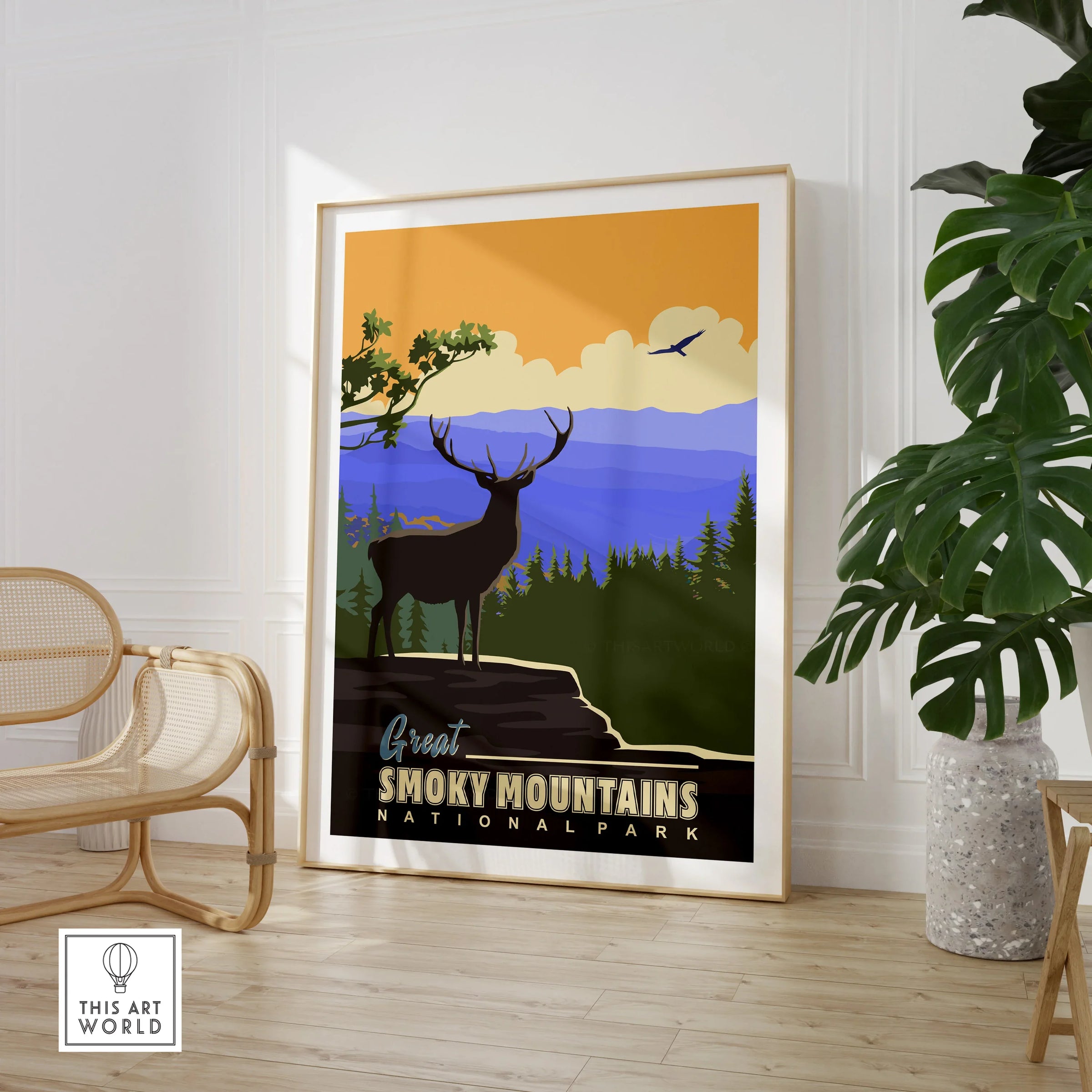 Framed Great Smoky Mountains National Park poster with elk, in modern living room decor.