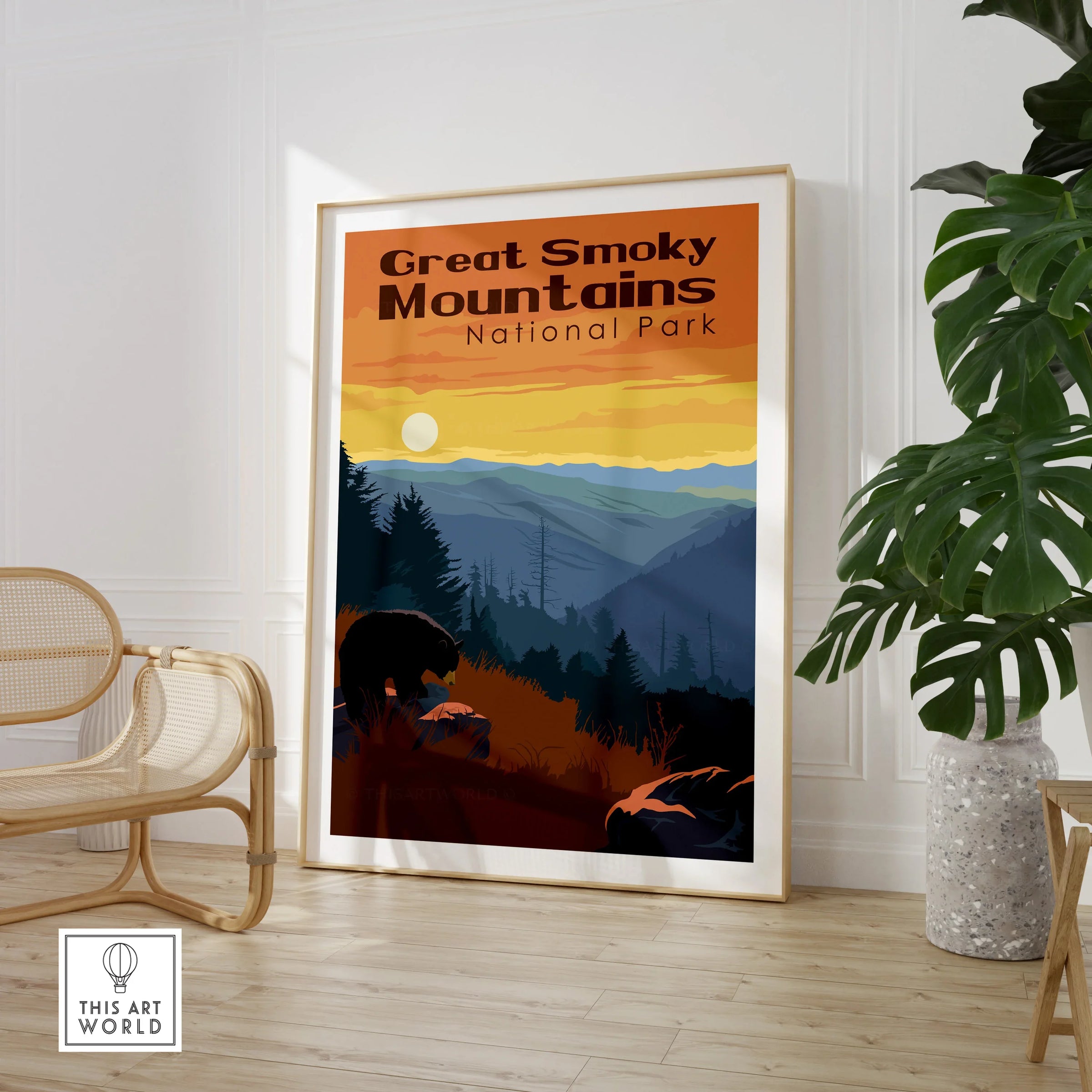 Great Smoky Mountains National Park poster art in modern room with chair and plant