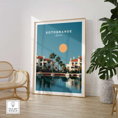 Sotogrande Spain Travel Poster | Luxury Marina & Boats Wall Art Print showcasing a vibrant coastal scene with palm trees.