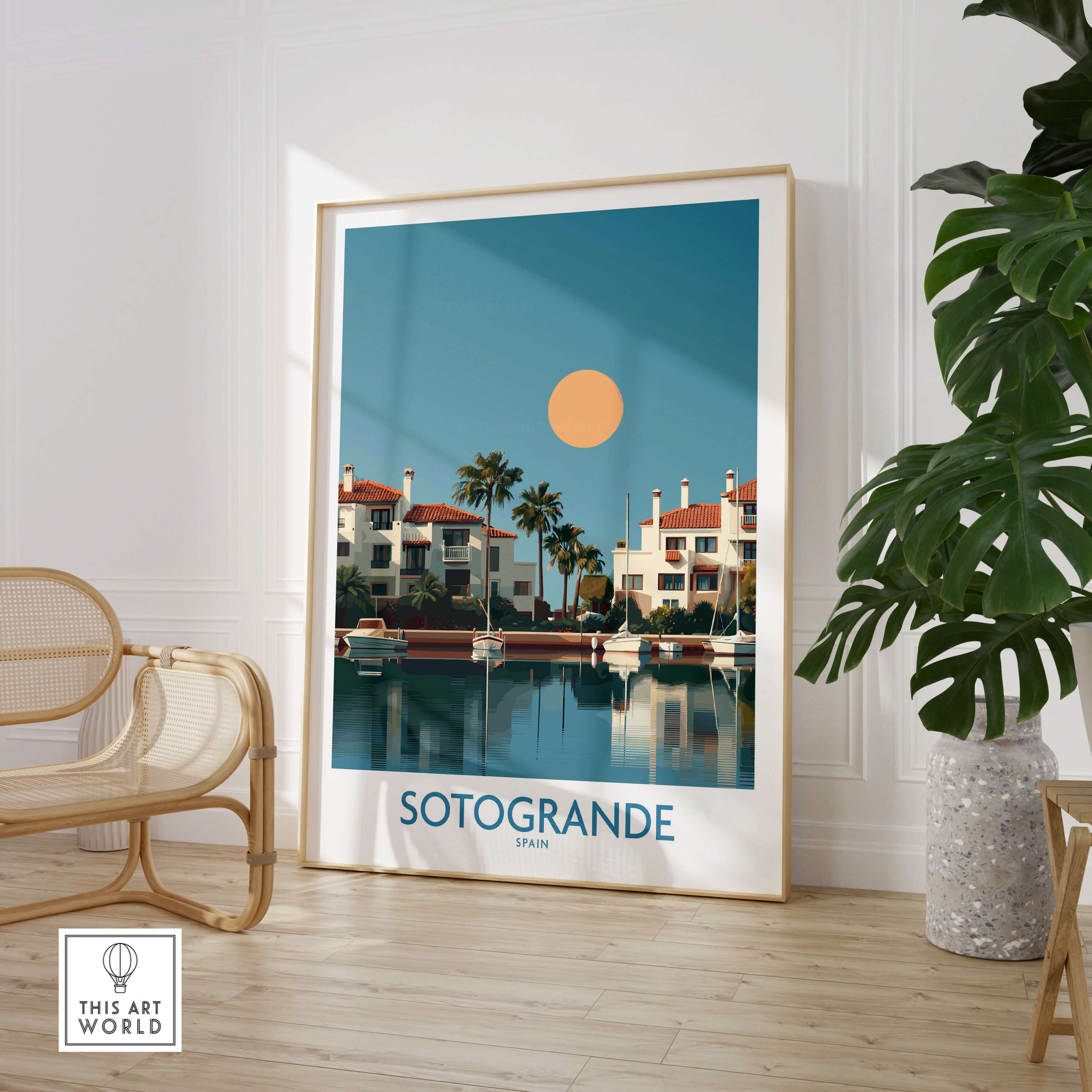 Sotogrande Spain Canvas Print | Mediterranean Waterfront Scenery Poster showcased in a stylish interior setting.