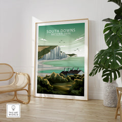 South Downs National Park travel poster in modern room with chair and houseplant
