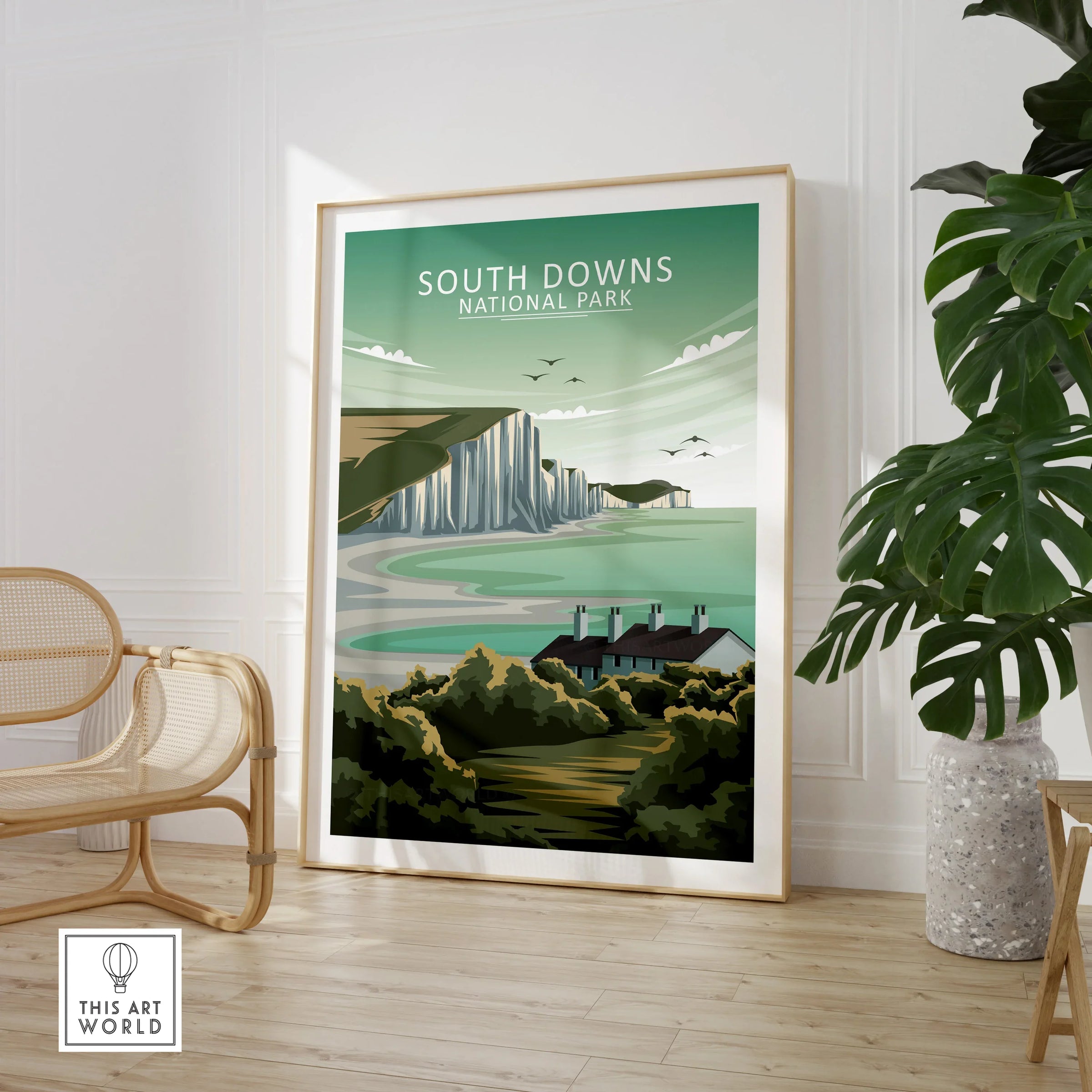 South Downs National Park travel poster in modern room with chair and houseplant
