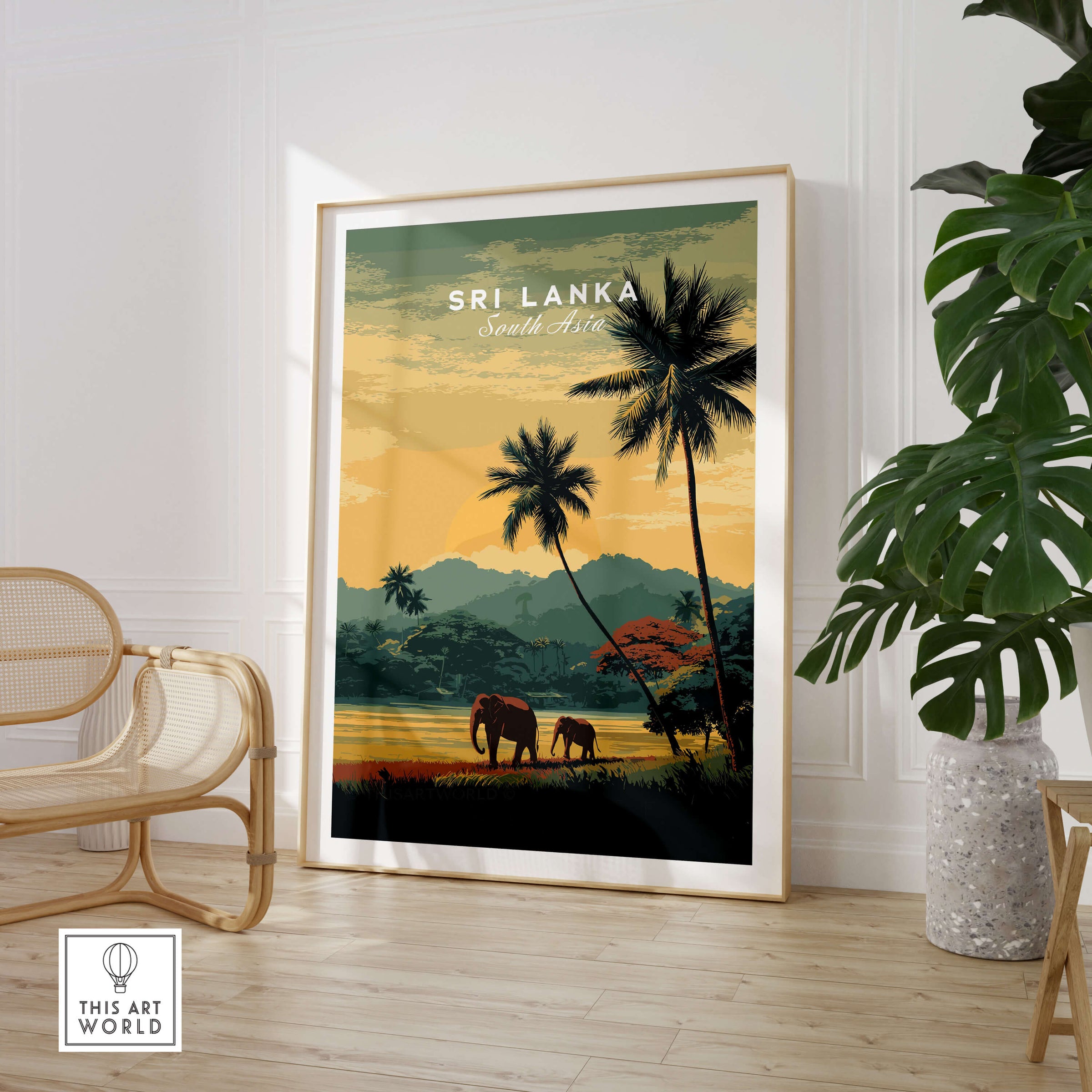 Sri Lanka Wall Art Print | Sunset Elephant Landscape Travel Poster featuring elephants and palm trees in a serene landscape.
