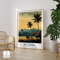 Sri Lanka Poster | Tropical Palm Tree & Elephant Canvas Print featuring elephants and tropical palms in vibrant colors.