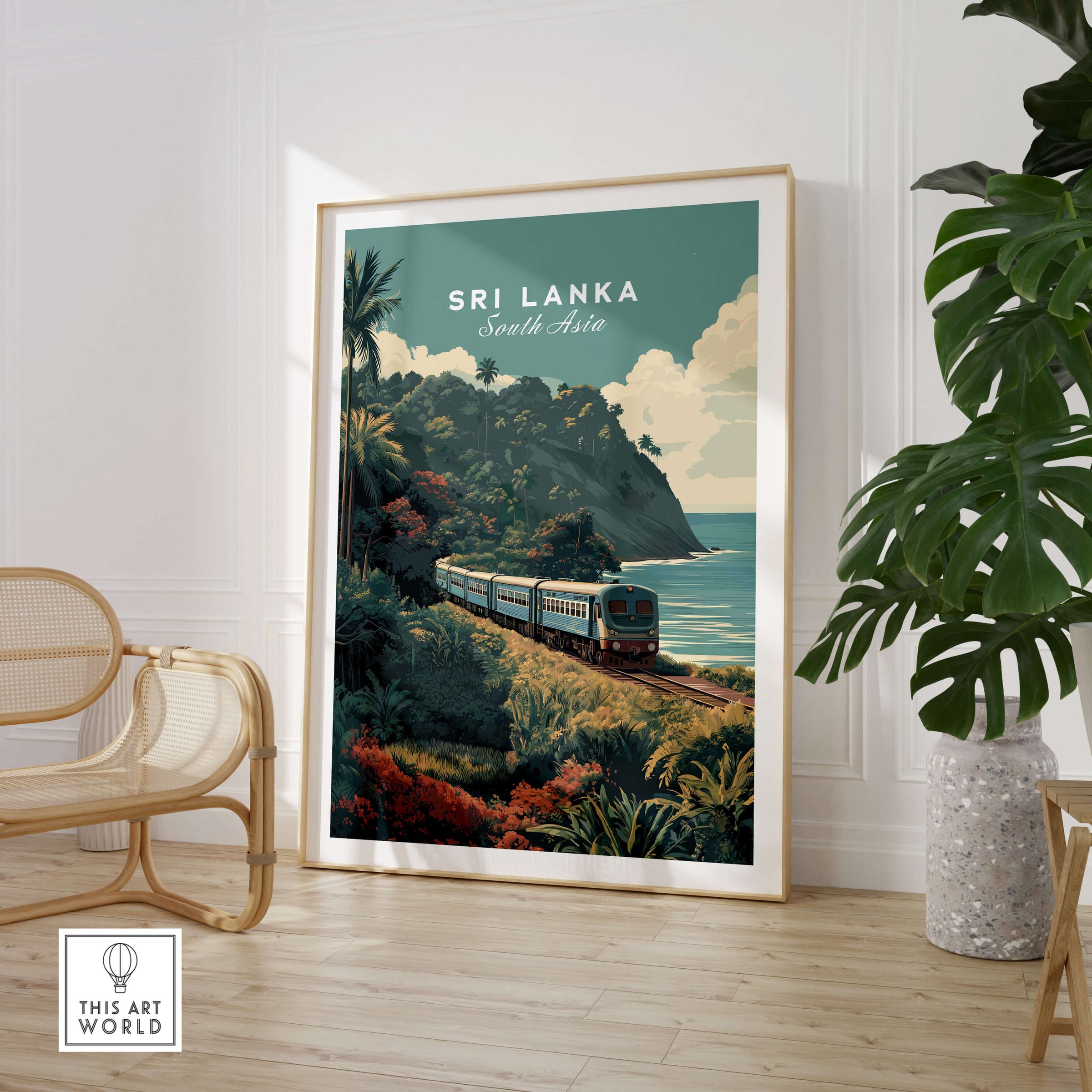 Sri Lanka Wall Art Print | Train Travel Poster featuring a scenic train journey along the coast.