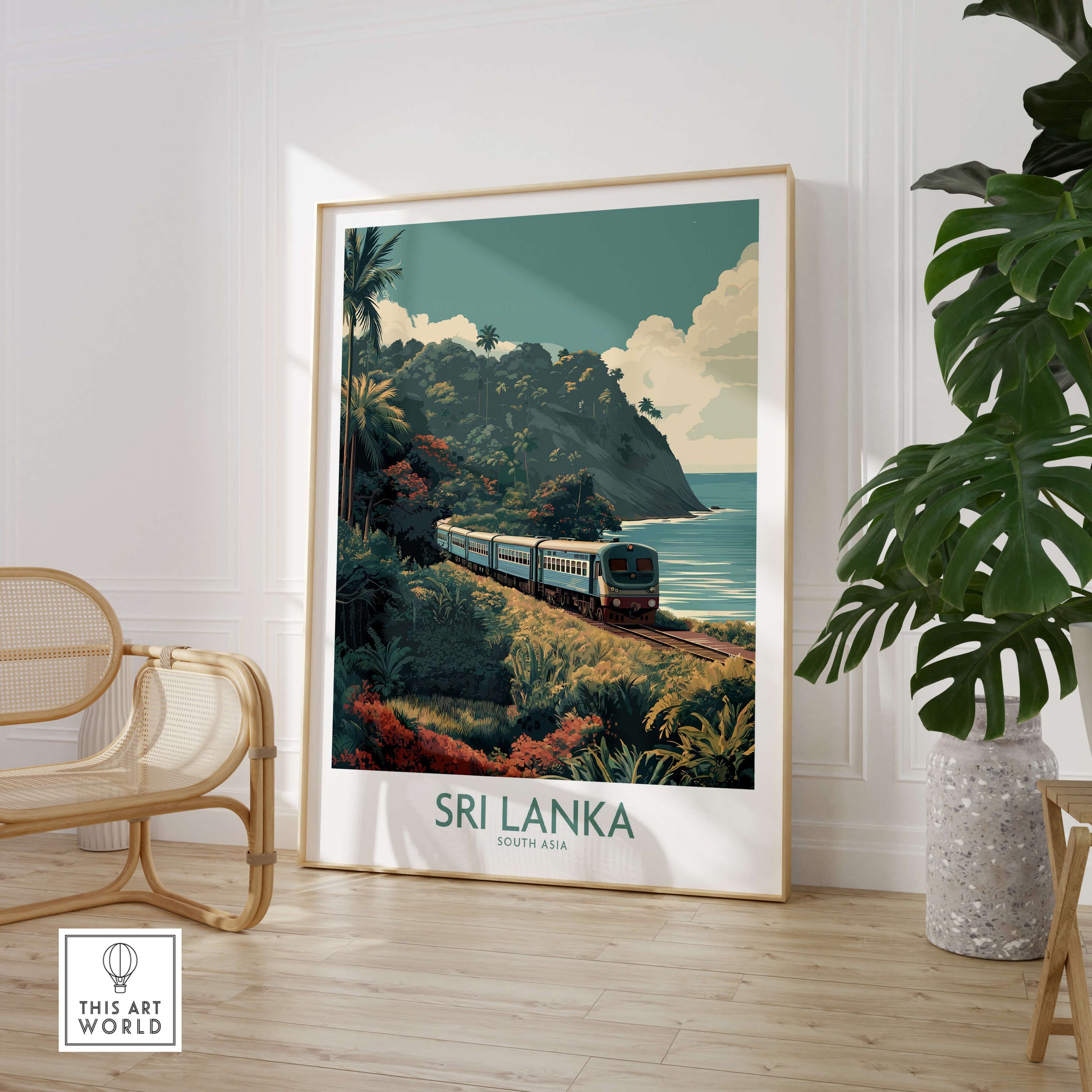 Sri Lanka Poster | Tropical Railway Canvas Print featuring a train amidst lush tropical scenery.