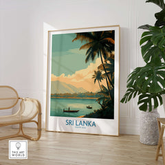 Sri Lanka Canvas Print | Traditional Boat Scene Poster displayed in a modern interior with palm plants and serene landscape.