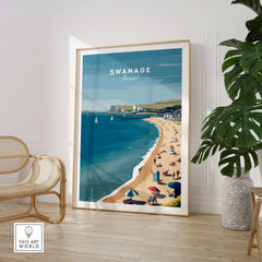 Swanage Dorset Wall Art Print | British Seaside Beach Travel Poster showcasing a scenic beach view with umbrellas.