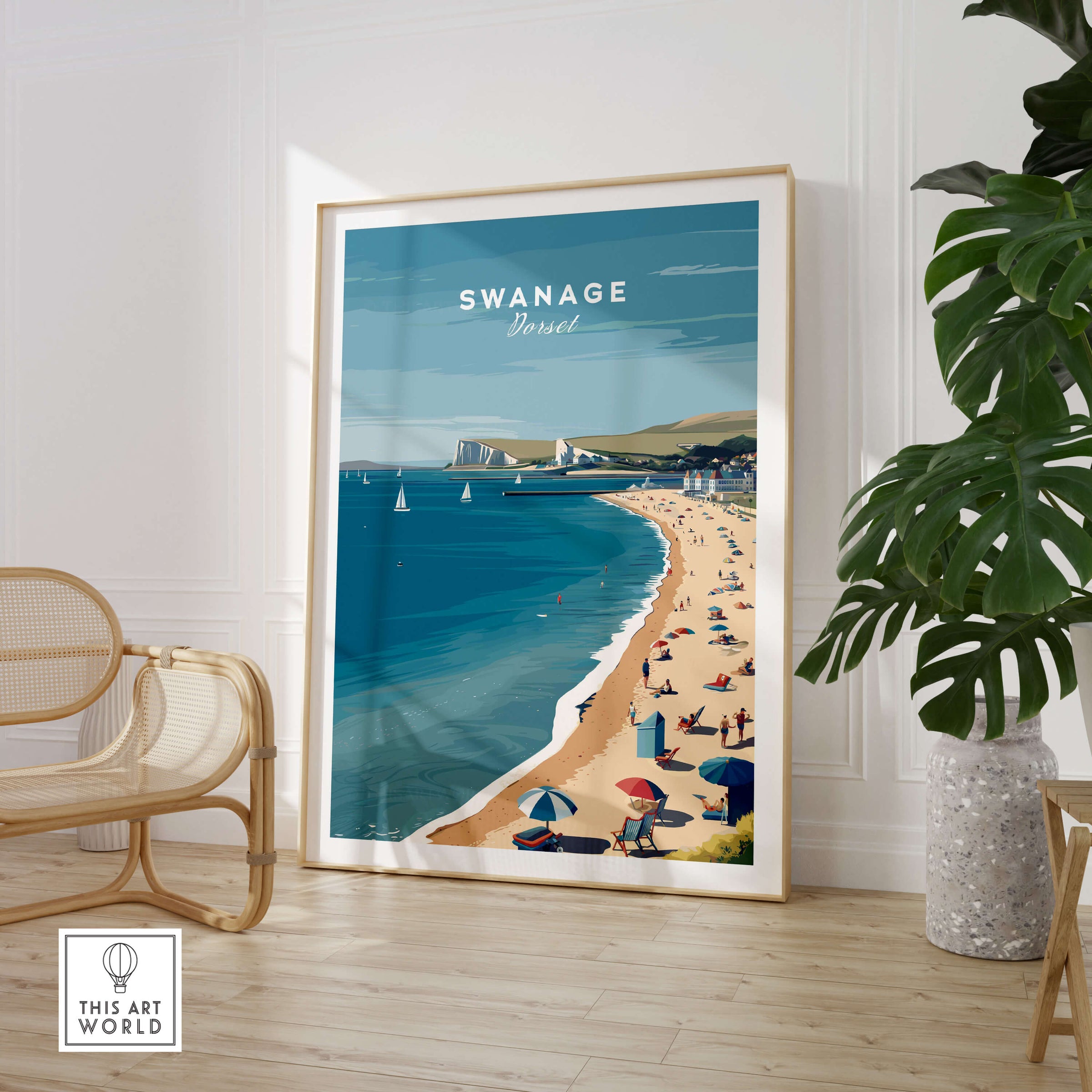 Swanage Dorset Wall Art Print | British Seaside Beach Travel Poster showcasing a scenic beach view with umbrellas.