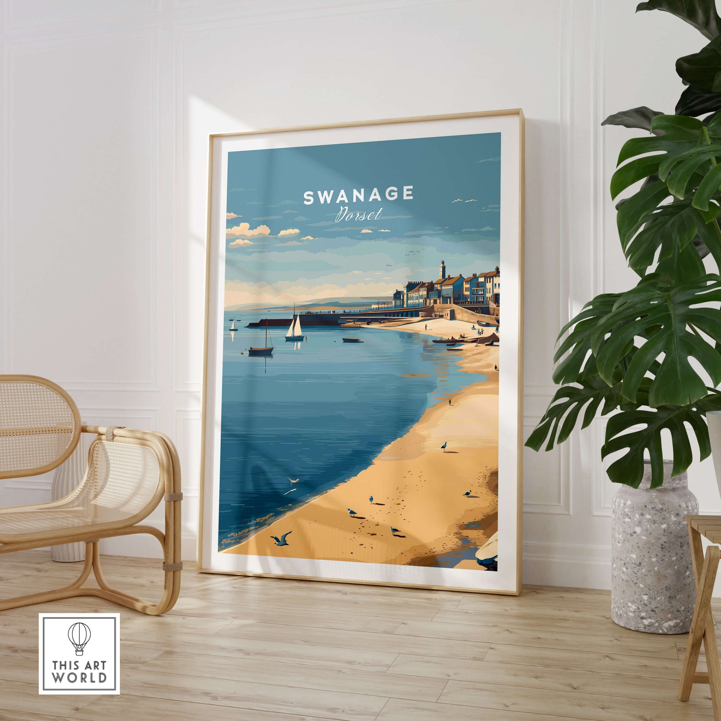 Swanage Dorset Travel Poster | English Coastal Town Wall Art Print featuring a scenic beach view.