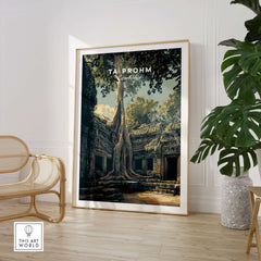 Ta Prohm Cambodia Travel Poster | Ancient Temple Jungle Ruins Wall Art Print showcased in a stylish living room setting.