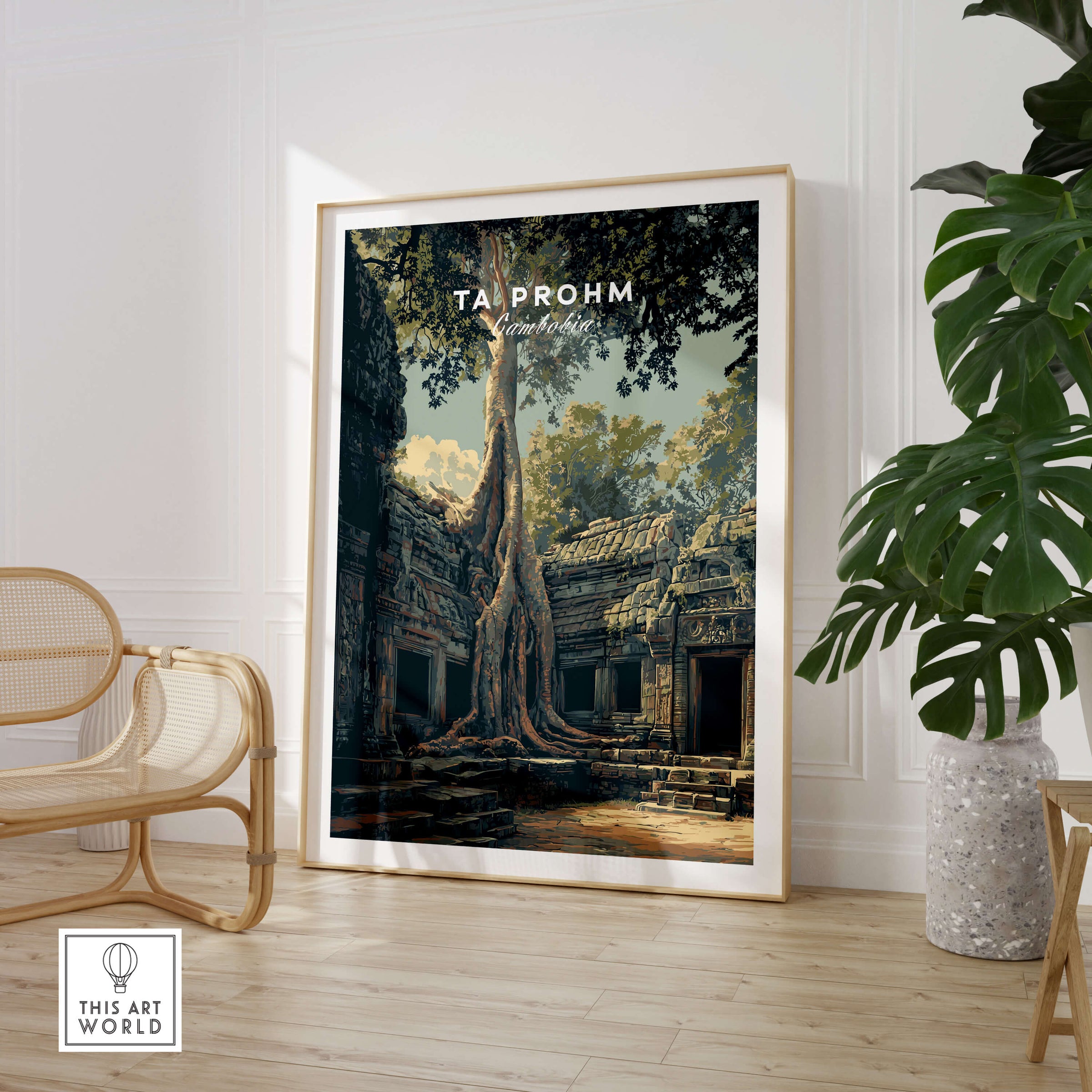 Ta Prohm Cambodia Travel Poster | Ancient Temple Jungle Ruins Wall Art Print showcased in a stylish living room setting.