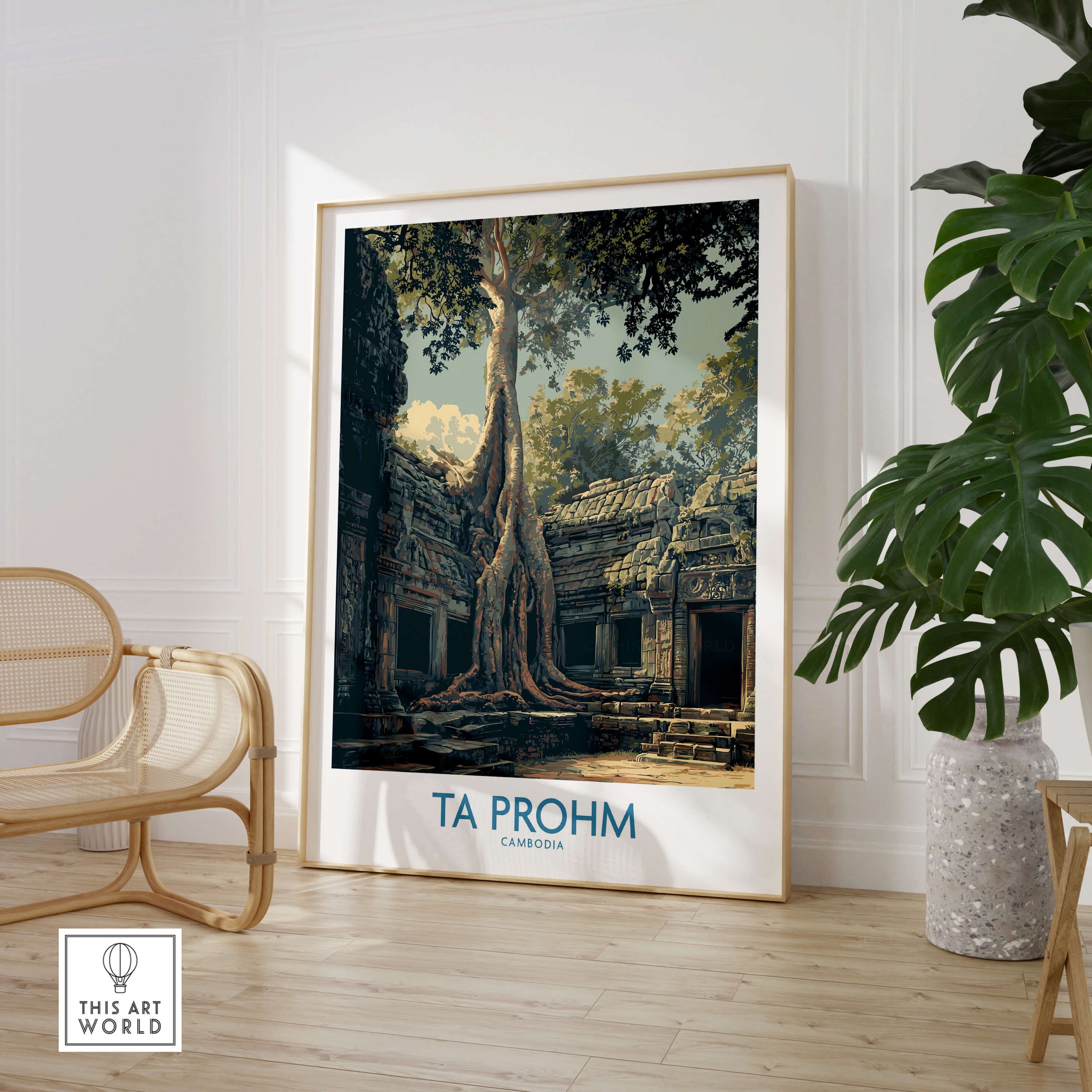 Ta Prohm Cambodia Canvas Print | Iconic Tree Root Ruins Poster showcased in a stylish home decor setting.