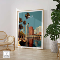 Tampa Florida Wall Art Print | Downtown City Skyline Travel Poster showcasing vibrant skyline and palm trees.