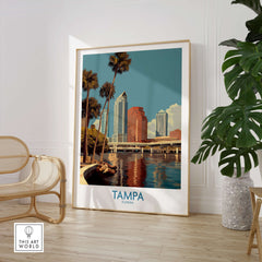 Tampa Florida Poster | Waterfront Sunset Cityscape Canvas Print in modern interior setting, showcasing iconic skyline and palm trees.