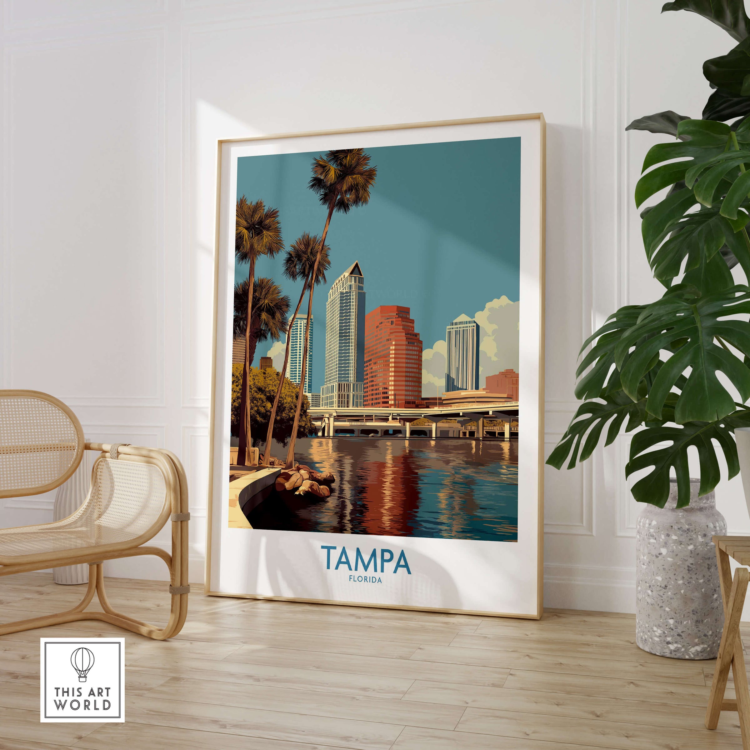 Tampa Florida Poster | Waterfront Sunset Cityscape Canvas Print in modern interior setting, showcasing iconic skyline and palm trees.