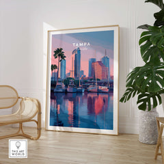 Tampa Florida Travel Poster | Marina Harbor & Skyline Wall Art Print featuring vibrant skyline and serene marina reflections.