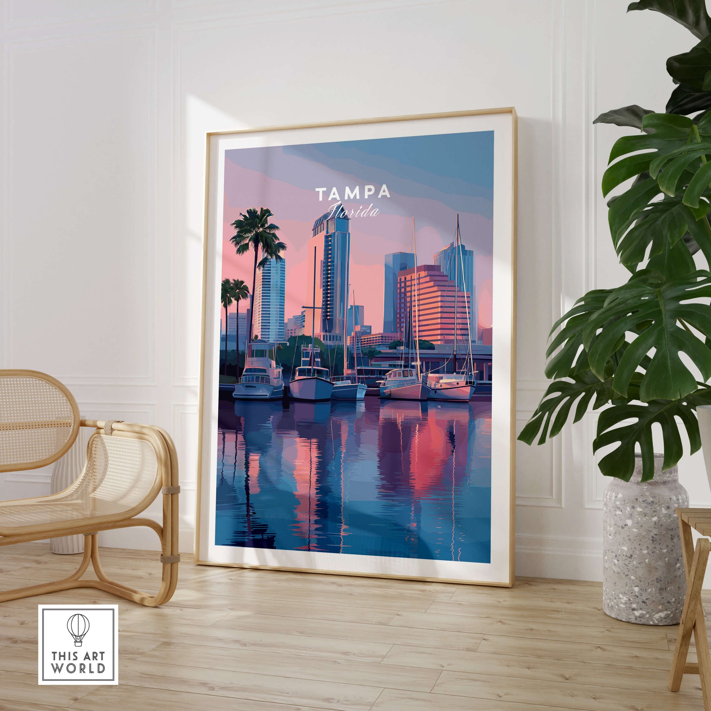 Tampa Florida Travel Poster | Marina Harbor & Skyline Wall Art Print featuring vibrant skyline and serene marina reflections.