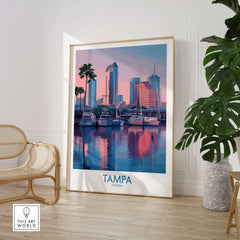 Tampa Florida Canvas Print | Sunset Bay & Sailboat Landscape Poster framed in a cozy interior with reflections on water.