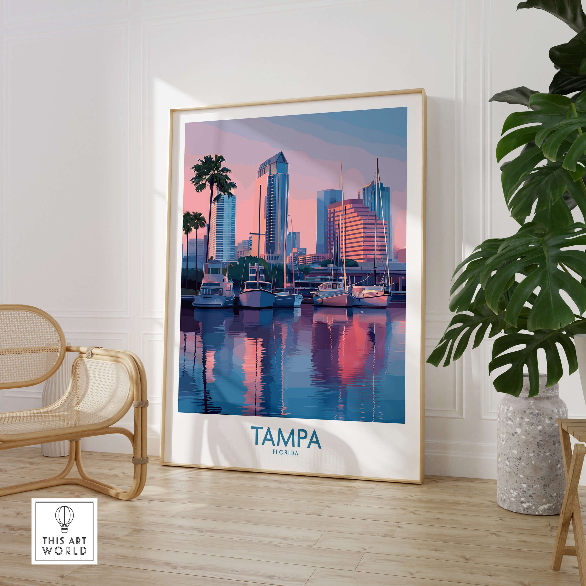 Tampa Florida Canvas Print | Sunset Bay & Sailboat Landscape Poster framed in a cozy interior with reflections on water.